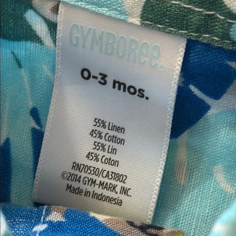 GYMBOREE Lemur Tropical Print Linen Cotton Blend Button Down Shirt Size 0-3